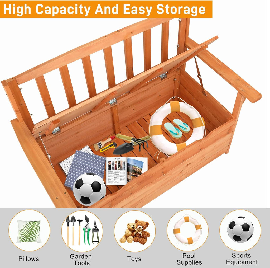 44Inch Yard Storage Bench with Backrest & Armrest, Outdoor Patio Seat Box, Outdoor Storage Bench Cedar Yard Box Patio Seating Garden Furniture,Garden Seating | Yard Storage Benchs - Bright Orange Red