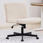 amseatec Criss Cross Chair, Wide Cross Legged Desk Chair with Wheels, Comfy Fabric Vanity Chair for Home Office, Adjustable Armless Swivel Task Chair with 90–115°Tilt（300Lbs/Beige）