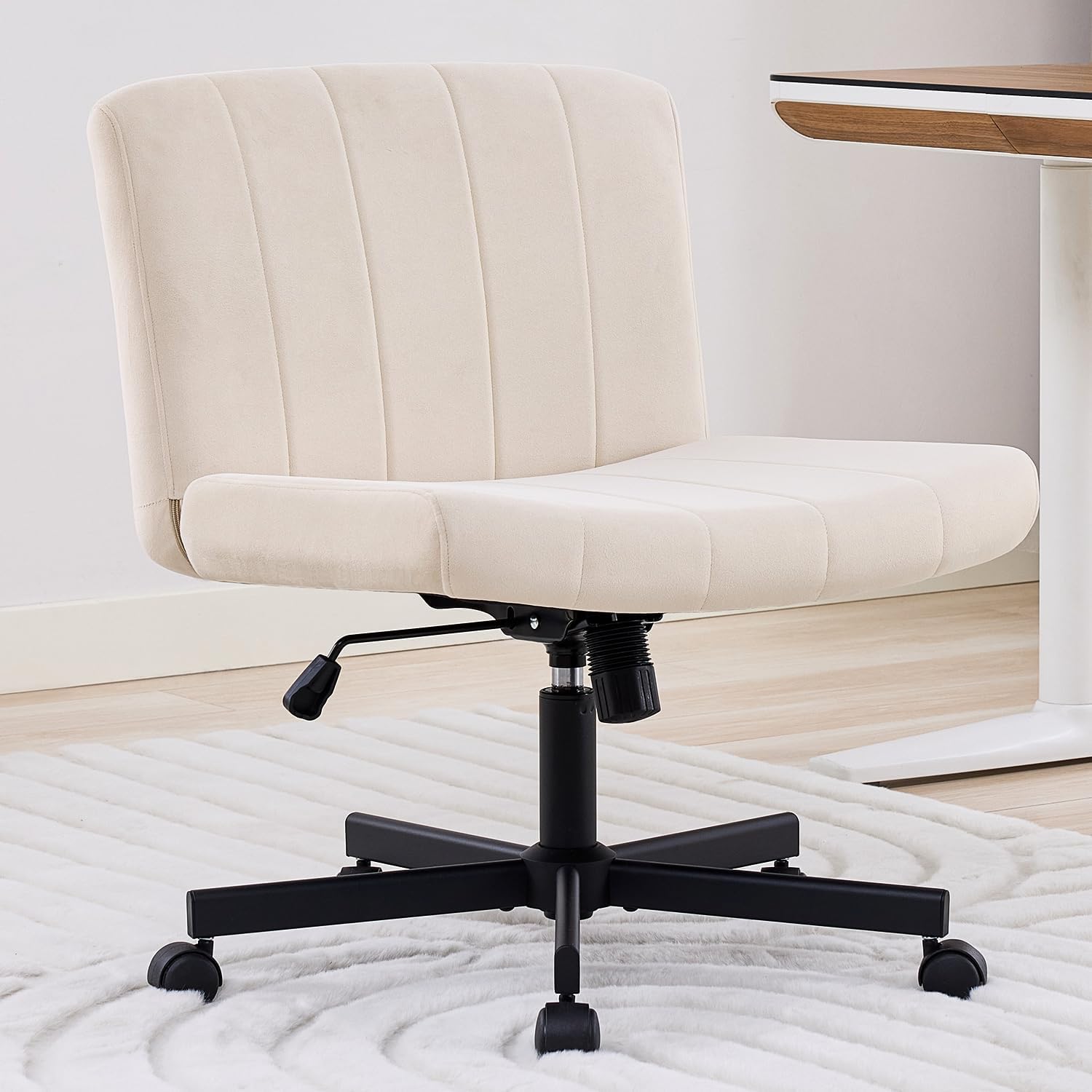 amseatec Criss Cross Chair, Wide Cross Legged Desk Chair with Wheels, Comfy Fabric Vanity Chair for Home Office, Adjustable Armless Swivel Task Chair with 90–115°Tilt（300Lbs/Beige）