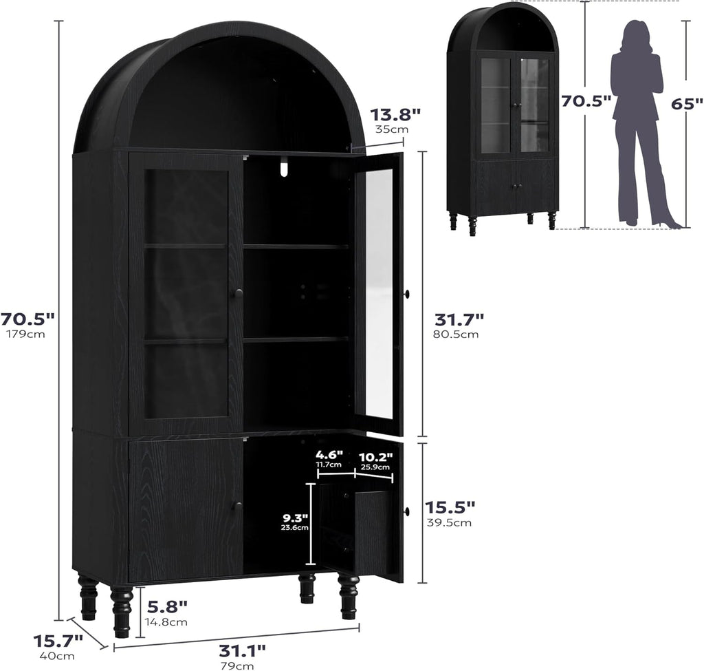 Furnify 71" Tall Arched Pantry Cabinet, Modern Kitchen Storage Cabinet with Doors, 3 Adjustable Shelves, Door Shelves, Organizer, Versatile Cupboard for Kitchen, Bathroom, Black