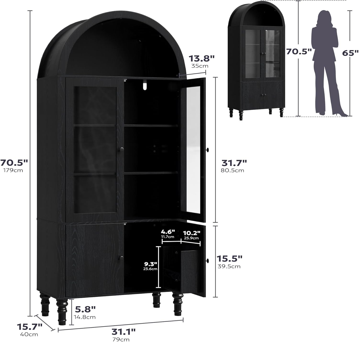 Furnify 71" Tall Arched Pantry Cabinet, Modern Kitchen Storage Cabinet with Doors, 3 Adjustable Shelves, Door Shelves, Organizer, Versatile Cupboard for Kitchen, Bathroom, Black