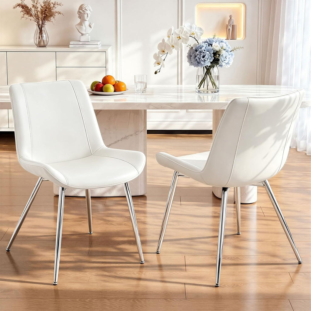 Vogue Furniture Direct Modern Dining Chairs Set of 2 - PU Leather Upholstered Armless Side Chairs with Metal Legs, Accent Chairs for Dining Room, Kitchen, Living Room (White, Silver Legs)