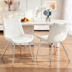 Vogue Furniture Direct Modern Dining Chairs Set of 2 - PU Leather Upholstered Armless Side Chairs with Metal Legs, Accent Chairs for Dining Room, Kitchen, Living Room (White, Silver Legs)