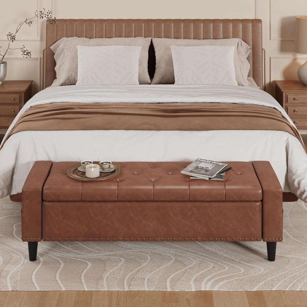 60" Storage Ottoman Bench, Faux Leather Upholstered Bed Bench with Tufted Buttons and Nailhead Trim, Large Ottoman with Storage for King Size End of Bed, Bedroom, Entryway, Hallway (brown)