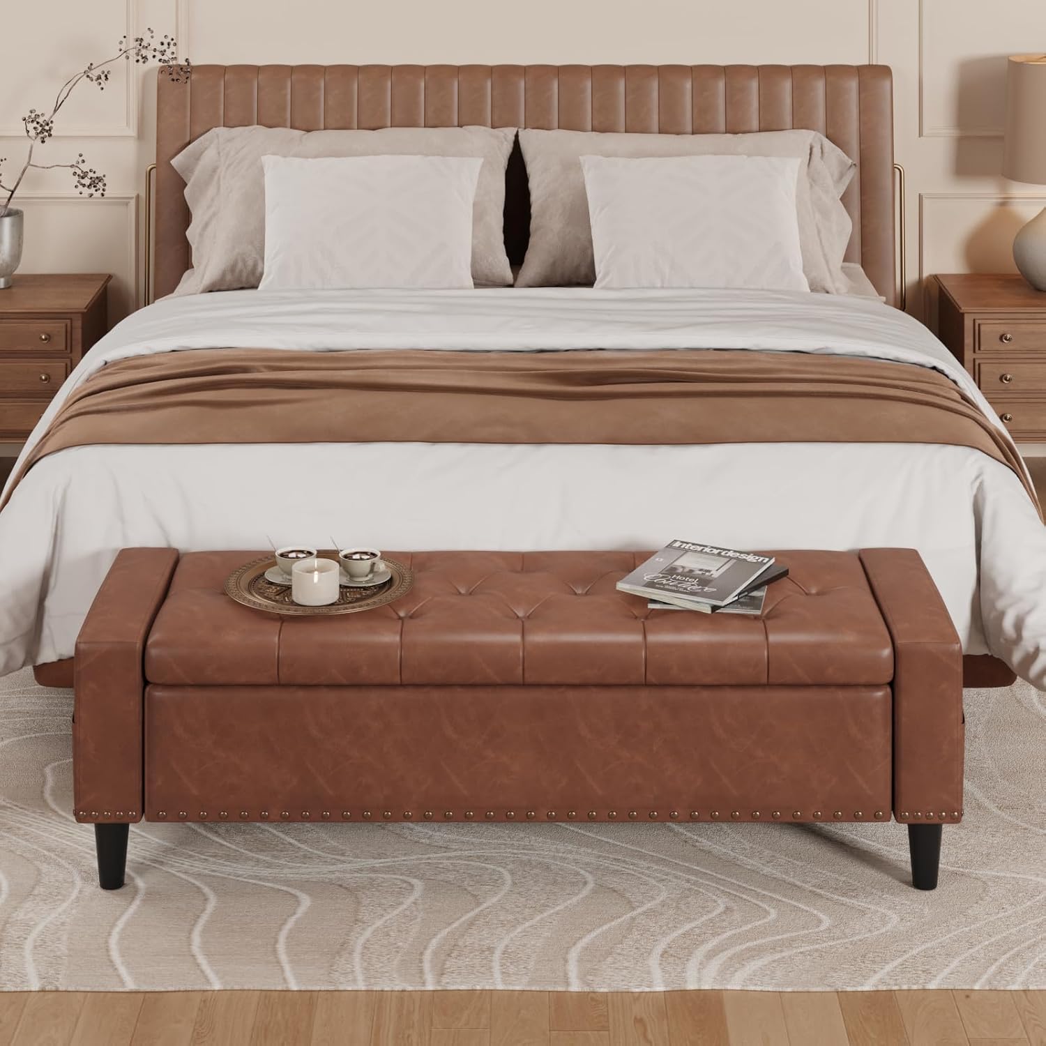 60" Storage Ottoman Bench, Faux Leather Upholstered Bed Bench with Tufted Buttons and Nailhead Trim, Large Ottoman with Storage for King Size End of Bed, Bedroom, Entryway, Hallway (brown)