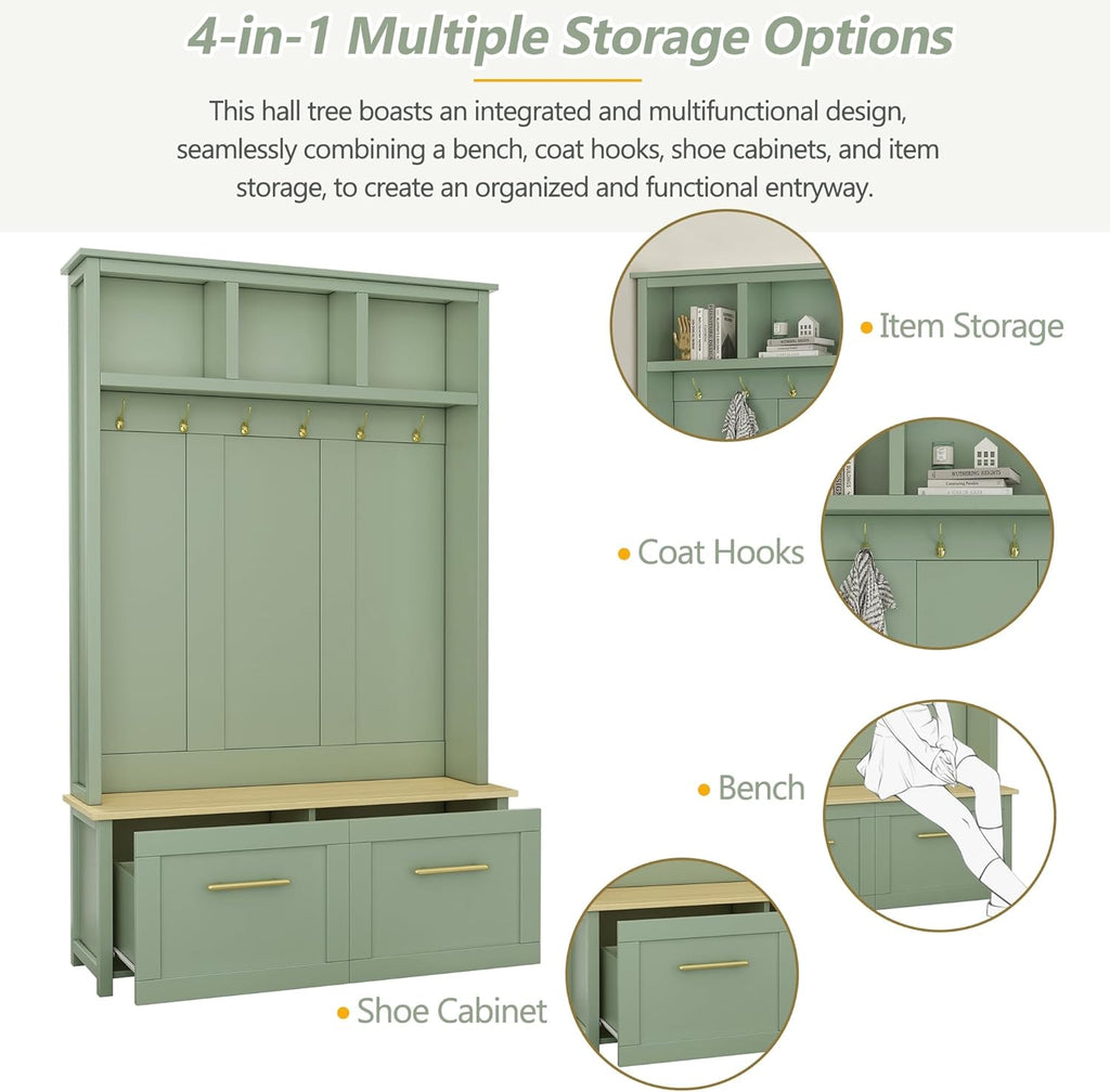 Multifunctional 4-in-1 Hall Tree with 6 Golden Hooks and Brown Wood Grain Storage Bench, Wood Entryway Coat Rack with 2 Drawers for Living Room, Hallway (Mint Green)