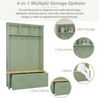 Multifunctional 4-in-1 Hall Tree with 6 Golden Hooks and Brown Wood Grain Storage Bench, Wood Entryway Coat Rack with 2 Drawers for Living Room, Hallway (Mint Green)