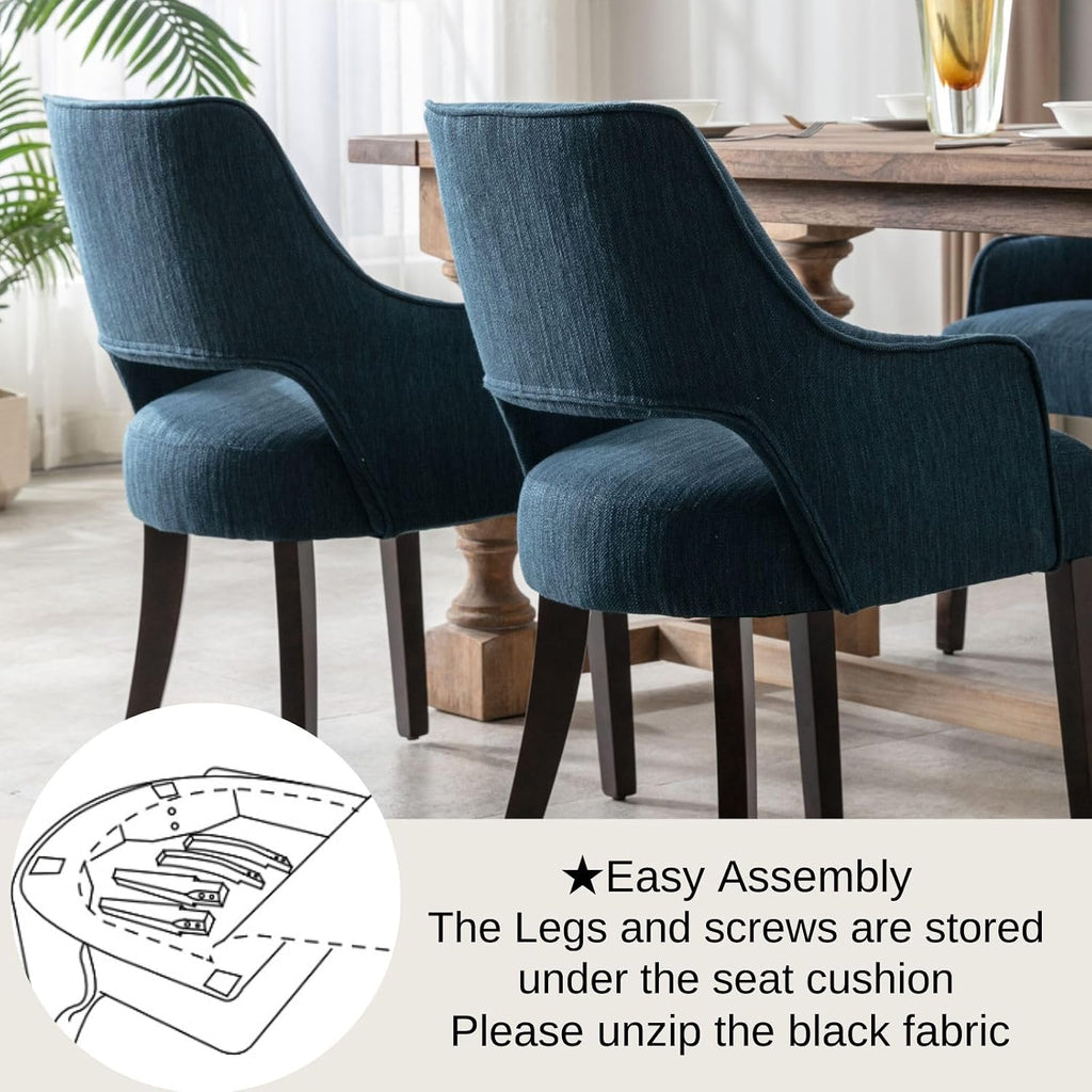 Blue Dining Chairs with Arms Set of 2, Farmhouse Upholstered Linen Dining Chairs, Curved Open Back Kitchen & Dining Room Chairs with Solid Wood Legs and Thick Cushion Seat, Blue