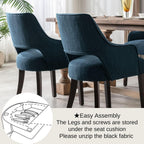 Blue Dining Chairs with Arms Set of 2, Farmhouse Upholstered Linen Dining Chairs, Curved Open Back Kitchen & Dining Room Chairs with Solid Wood Legs and Thick Cushion Seat, Blue