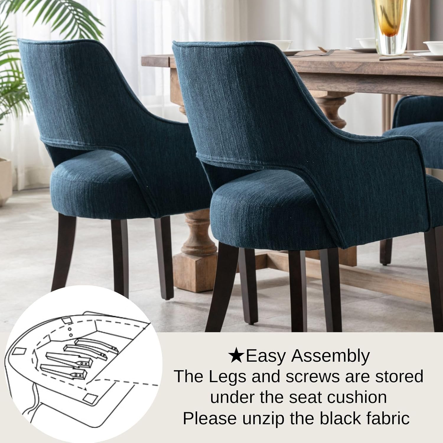 Blue Dining Chairs with Arms Set of 2, Farmhouse Upholstered Linen Dining Chairs, Curved Open Back Kitchen & Dining Room Chairs with Solid Wood Legs and Thick Cushion Seat, Blue