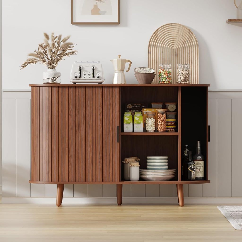 47" Buffet Cabinet,Sideboard Buffet Cabinet with Storage,Sideboard Console Table with Sliding Door & Adjustable Shelf,Curved Edge Sideboard Cabinet for Living Room, Kitchen(Walnut)