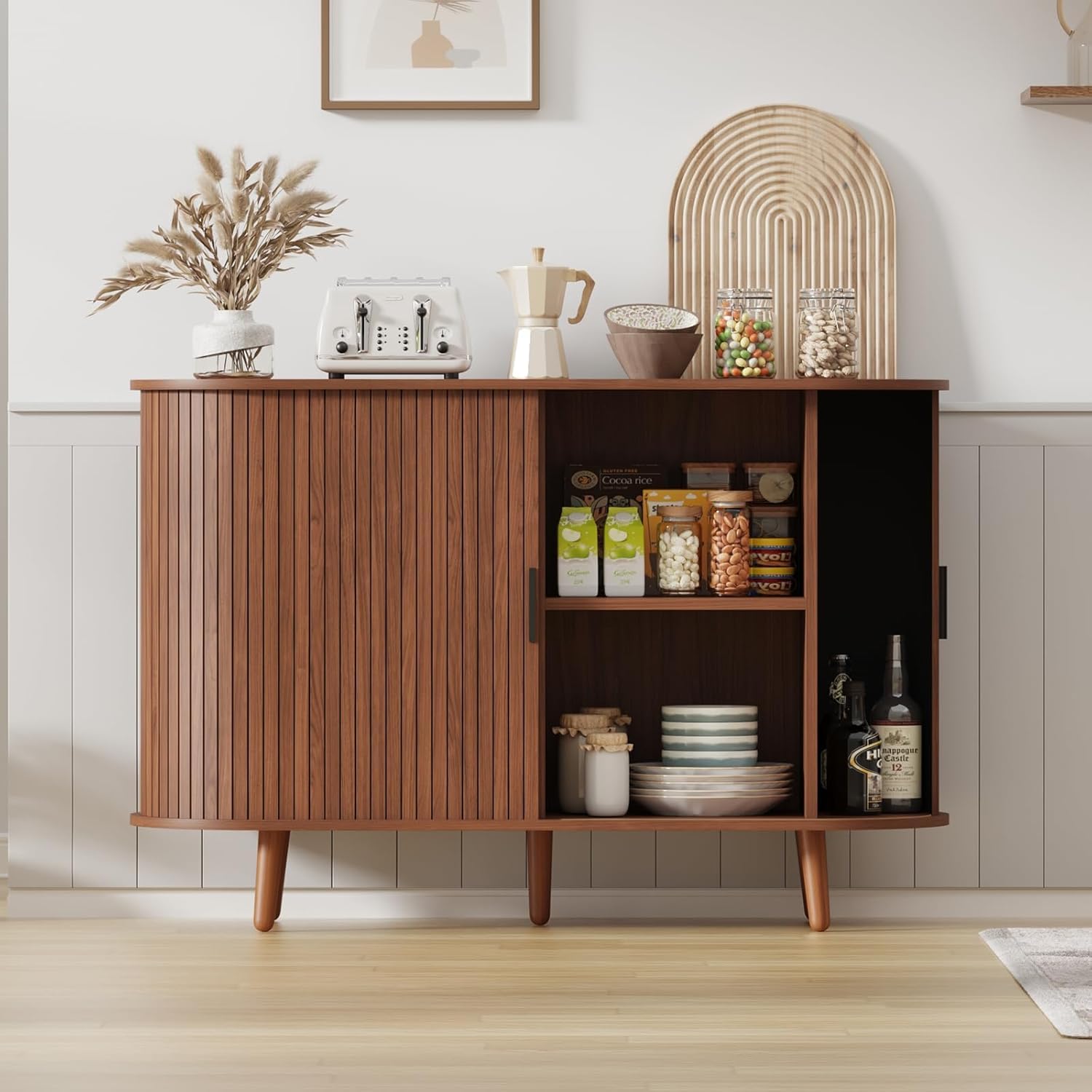 47" Buffet Cabinet,Sideboard Buffet Cabinet with Storage,Sideboard Console Table with Sliding Door & Adjustable Shelf,Curved Edge Sideboard Cabinet for Living Room, Kitchen(Walnut)