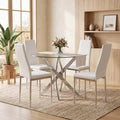 5 Piece Round Glass Dining Table Set for 4, Modern Tempered Glass Top with 4 Upholstered Chairs, Space-Saving Silver & White Set for Small Apartment, Studio,Kitchen or Dining Room