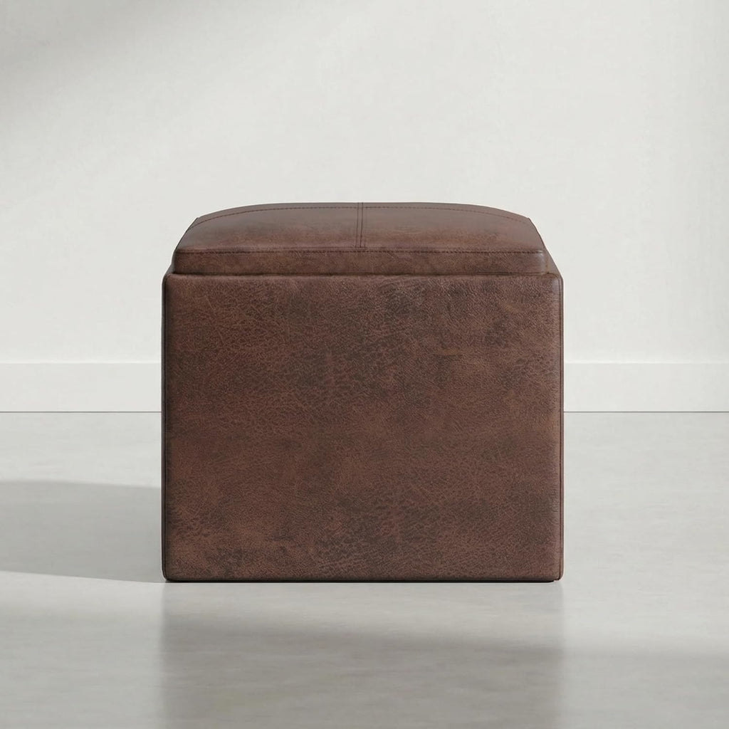 SIMPLIHOME Rockwood Cube Storage Ottoman with Tray - 17 inch Wide Upholstered Vegan Leather Square Storage Ottoman in Aged Brown, Contemporary Cube Ottoman for Living Room with Serving Tray