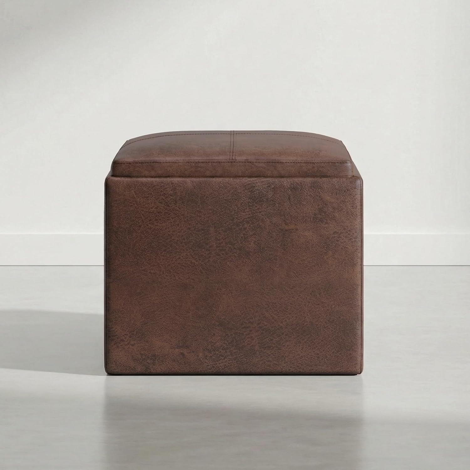 SIMPLIHOME Rockwood Cube Storage Ottoman with Tray - 17 inch Wide Upholstered Vegan Leather Square Storage Ottoman in Aged Brown, Contemporary Cube Ottoman for Living Room with Serving Tray