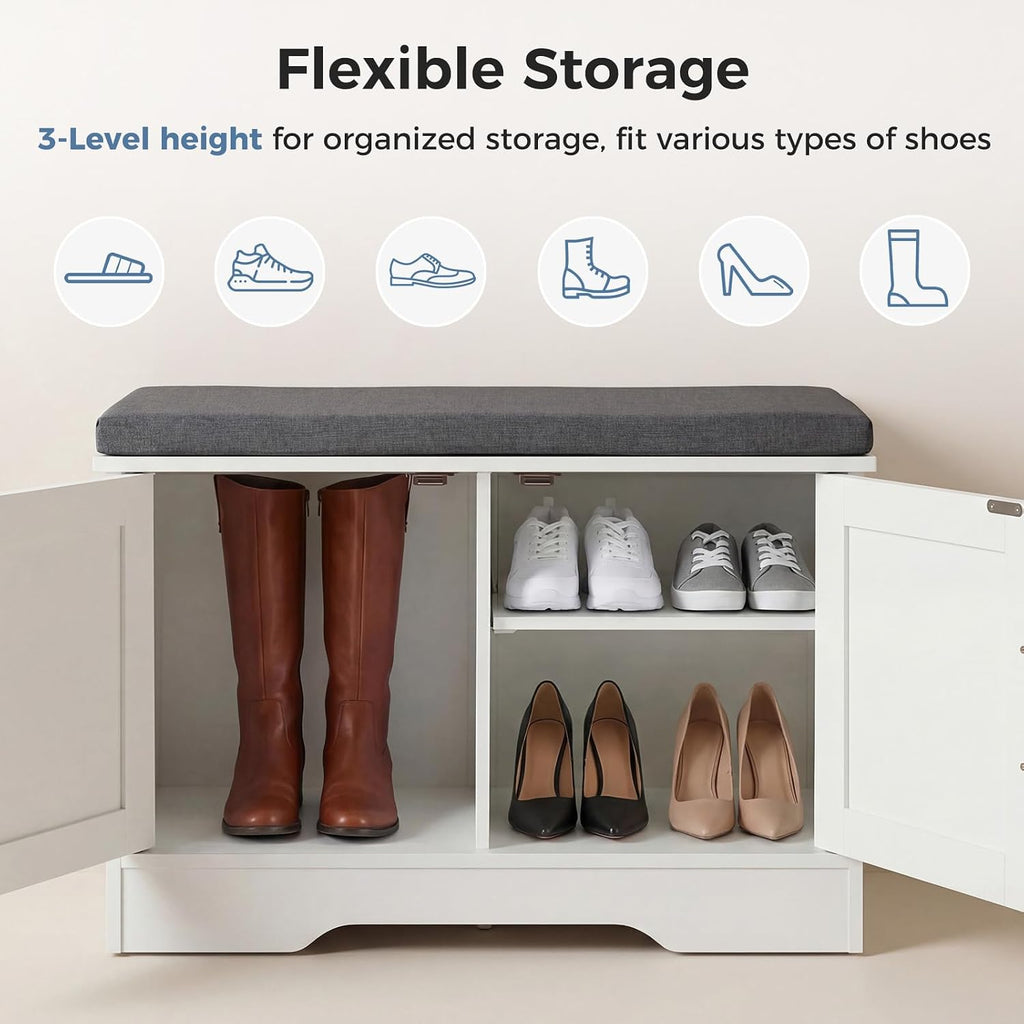 DUMOS Shoe Storage Bench, 28" Wide Shoe Organizer Cabinet with Padded Seat Cushion, 2 Doors, Adjustable Shelf for Entryway, Hallway, Bedroom, Living Room, White