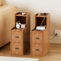 Narrow End Table Set of 2 with Charging Station, Walnut Skinny Bedside Tables with Storage Drawers, Small Side Tables for Small Spaces, Bedroom