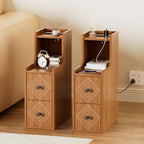 Narrow End Table Set of 2 with Charging Station, Walnut Skinny Bedside Tables with Storage Drawers, Small Side Tables for Small Spaces, Bedroom