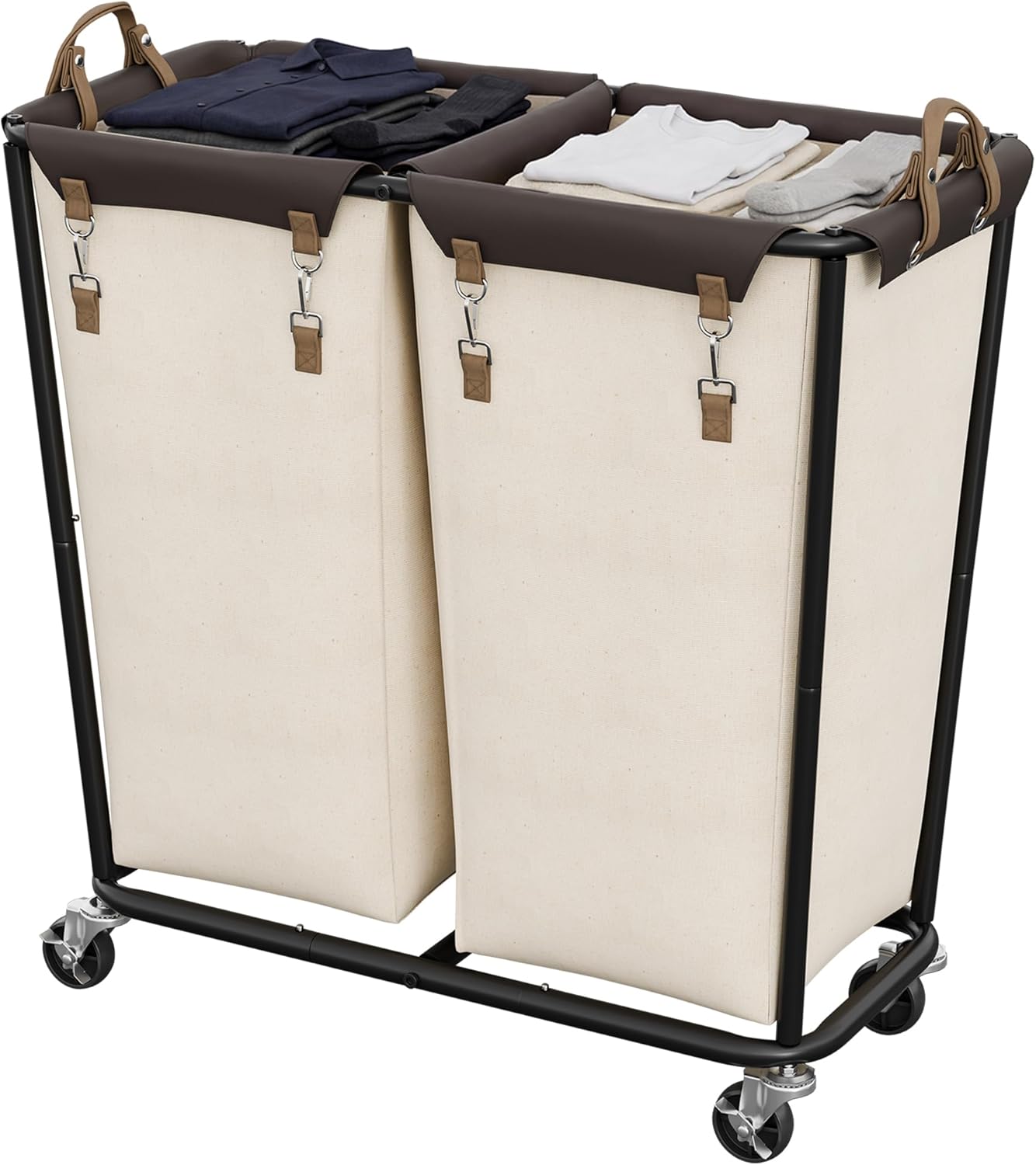 StorageWorks 280L Large Laundry Hamper with Wheels, Laundry Basket with Wheels 2 Sections, Clothes Sorter Cart with Divider for Hotel, Home, Beige, 1-Pack