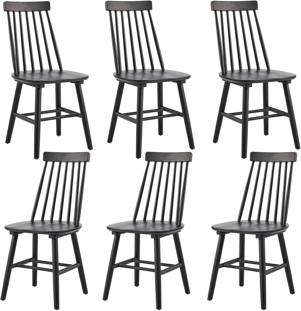 Black Dining Chairs Set of 6, 100% Solid Wood Farmhouse Kitchen Chairs, Armless Cottage Dinner Chair with Spindle Back, Windsor Dining Room Chairs for Kitchen (2 Boxes)