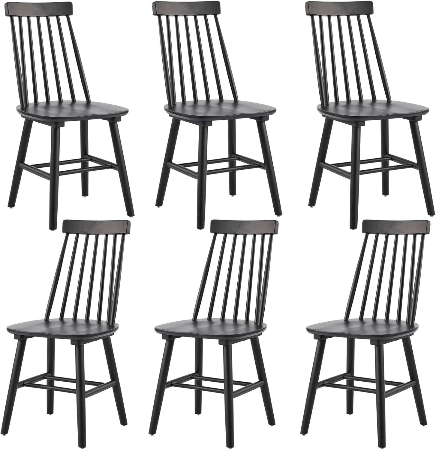 Black Dining Chairs Set of 6, 100% Solid Wood Farmhouse Kitchen Chairs, Armless Cottage Dinner Chair with Spindle Back, Windsor Dining Room Chairs for Kitchen (2 Boxes)