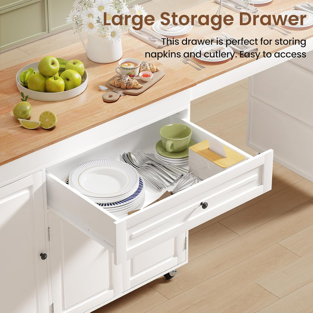 Expandable Kitchen Island with Storage Drawer and Wheels, White | Rubberwood top expands 48.4"-82.6". Spacious drawer, 2 cabinets, 2 shelves, spice rack & towel bar. Lockable casters.