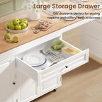 Expandable Kitchen Island with Storage Drawer and Wheels, White | Rubberwood top expands 48.4"-82.6". Spacious drawer, 2 cabinets, 2 shelves, spice rack & towel bar. Lockable casters.