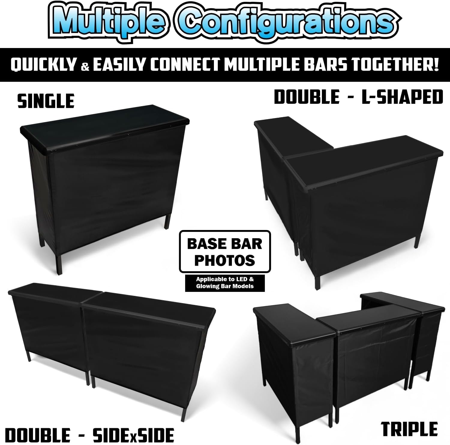 PartyLife Custom Premium Portable Bar Table w/LED Lights, Wireless Remote, Folding Legs, Black Fabric Bar Skirt, 2 Storage Shelves & 2 Carrying Bags | Commercial Grade | Strong & Sturdy