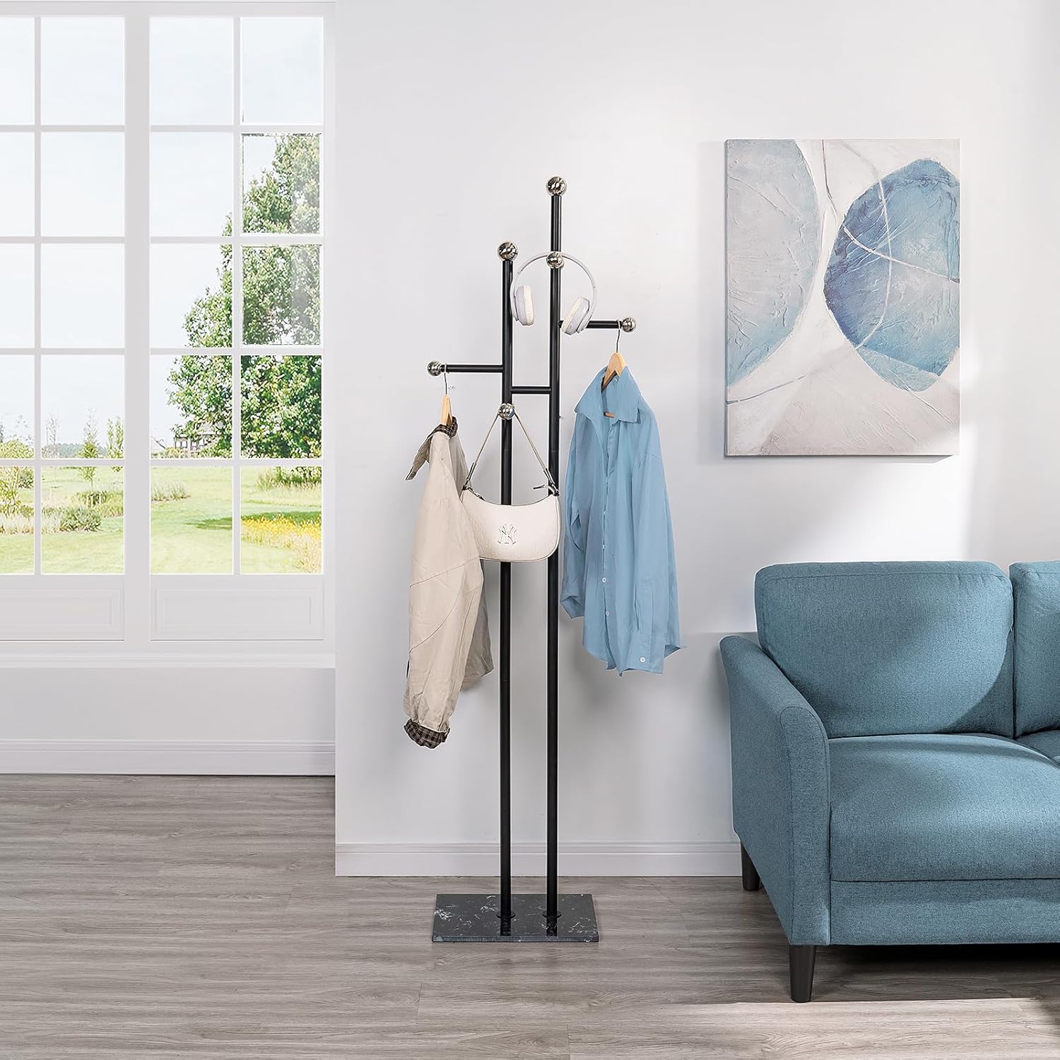 JIAYUEJU Coat Rack Freestanding with Marble Base, Heavy Duty Metal Clothes Rack, Corner Coat Tree Hat Rack for Entryway Bedroom Living Room Hotel 14.96 x 10.24 x 68.9 Inches (Black)