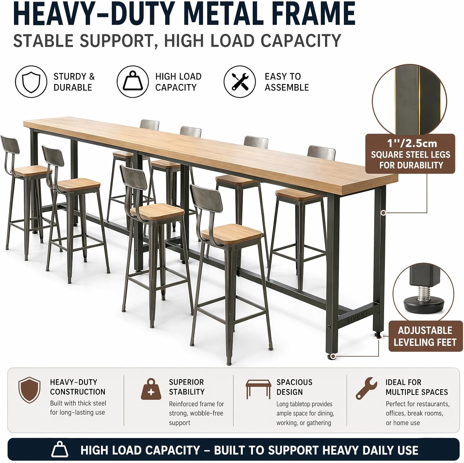 Narrow Bar Table with Edge Panel, Bar Height Tables Solid Wood, Industrial Rectangular Counter Height Table, Long Pub Tables for Small Space Living Room, Behind Couch or Coffee Shop