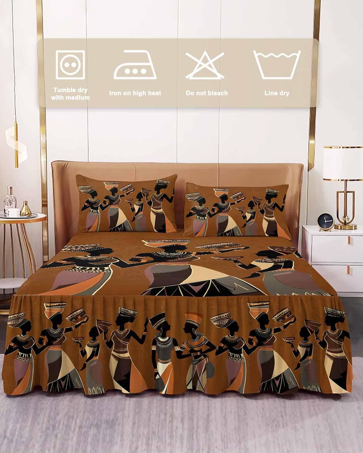 African Black Woman Ethnic Clothing Queen Size Ruffle Bed Skirt,Luxury Bedskirt Retro Back Bed Sheet Set with 2 Pillow Shams for Bedroom Decor,18" Tailored Drop Ruffle