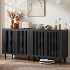 CHUWELL 31.5" Farmhouse Buffet Cabinet with Storage, Modern Black Sideboard Coffee Bar Cabinet with Grille-Striped Doors & Adjustable Shelf, Accent Storage Cabinet with Solid Wood Feet for Dining Room