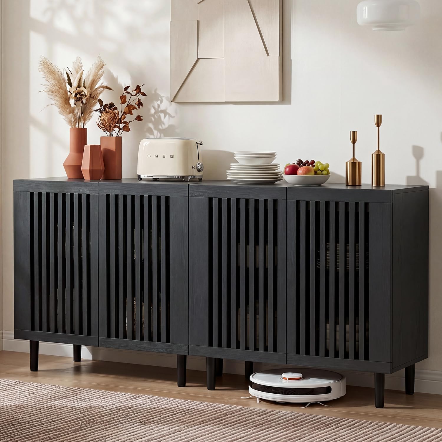 CHUWELL 31.5" Farmhouse Buffet Cabinet with Storage, Modern Black Sideboard Coffee Bar Cabinet with Grille-Striped Doors & Adjustable Shelf, Accent Storage Cabinet with Solid Wood Feet for Dining Room