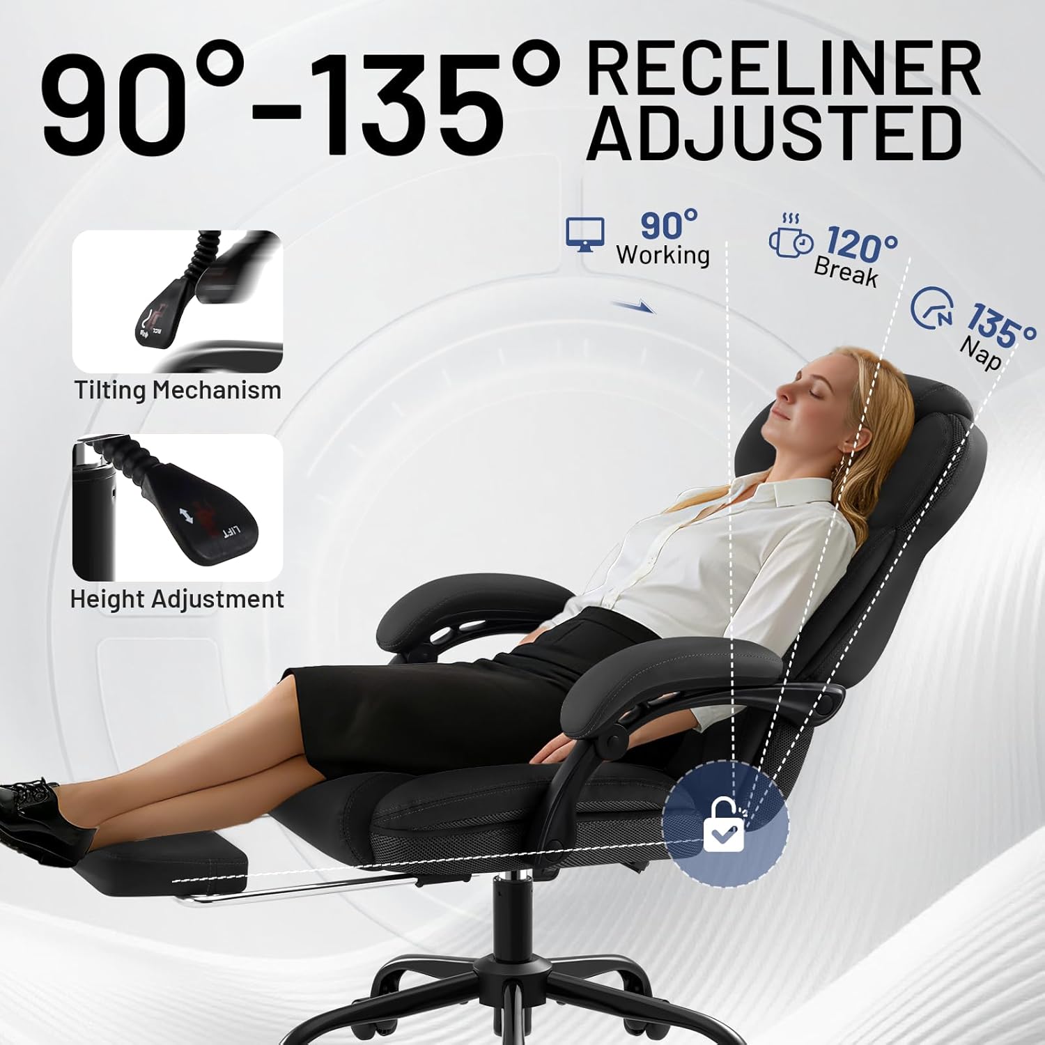 AreShark Ergonomic Office Chair with Footrest,PU Leather Executive Desk Chair Padded Linkage Armrests,Lumbar Support,Swivel Computer Chair for Home Office & Gaming,Black