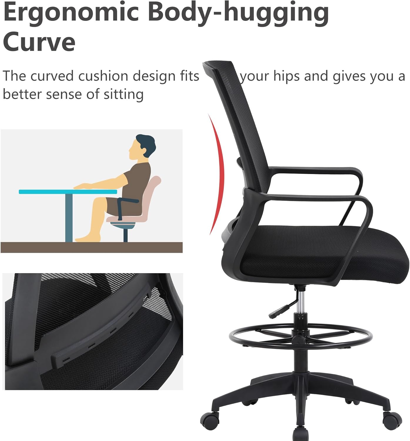 BestOffice Drafting Chair Tall Office Chair Adjustable Swivel Rolling Mesh Height with Lumbar Support Arms Footrest Mid Back for Adults Standing Desk Drafting Stool(Black)