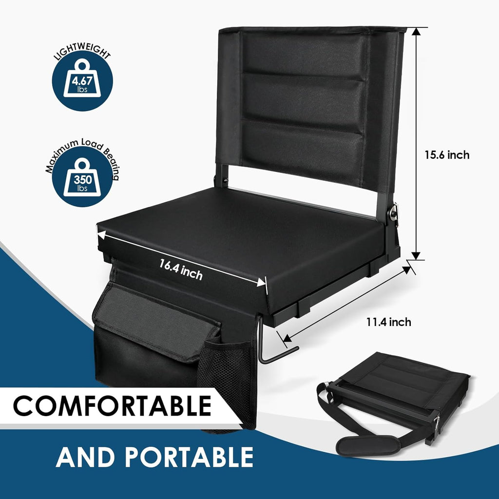 Stadium Seats with Back Support,Bleacher Chairs with Cushion, Portable Folding Stadium Chair with Removable Cushion and Large Pocket for School Events Sports Game(Black)