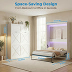 Mjkone Queen Murphy Bed, Cabinet Beds Queen Size, Modern Hidden Murphy Wall Chest Beds with Space-Saving Design, Adults Cabinet Guest Bed with 16 Colors of LED Lights for Bedroom, Apartment - White