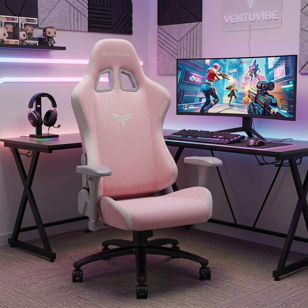 Gaming Chair 4D Adjustable Armrests - 170° Reclining & 320lb Capacity, High Back Ergonomic Computer Chair with Lumbar Support, Fabric Office Chair for Adults Pink
