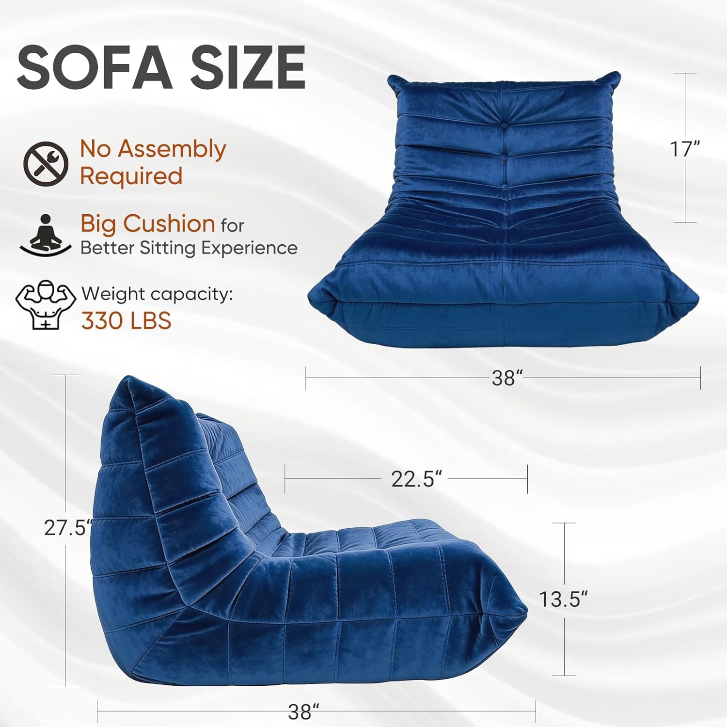 Trenda Bean Bag Chairs for Adults - Comfy High-Density Foam Fireside Chair, Adult Size, Soft Dutch Velvet Cover Beanbag Couch, Versatile for Living Room, Bedroom, Dorm, Reading & Gaming (Royal Blue)