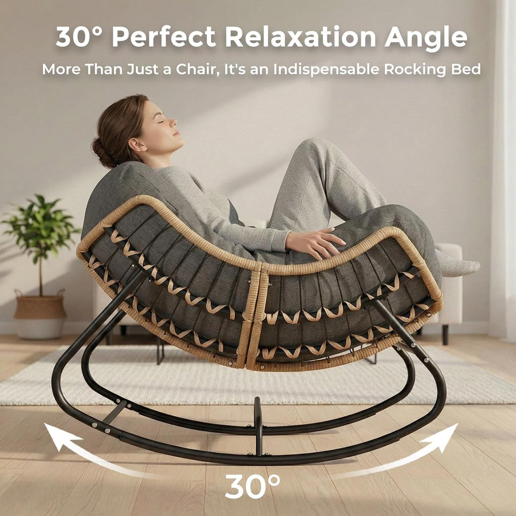 SWITTE Papasan Rocking Chair Outdoor, Oversized Patio Egg Chair with Thick Cushion, Indoor Wicker Lounge Rocker Bed for Balcony, Porch, Garden, Dark Gray