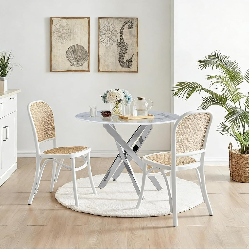 Knocbel 35.43" Dining Table for 4, Round Coffee Table with Granite Top and Metal Cross Legs, Modern Circle Dinner Kitchen Table for Apartment Home Office, Silver+Granite