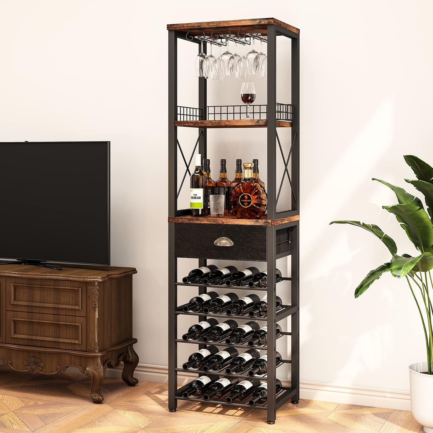 Homeiju Wine Rack Freestanding Floor, Bar Cabinet for Liquor and Glasses | 4-Tier bar Cabinet with Tabletop, Glass Holder, Storage Drawer and Wine Storage for Living Room (Patent No.D29872845)