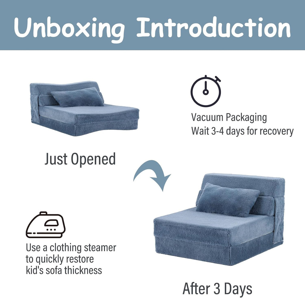 Tiita Convertible Folding Kids Sofa Bed with Pillow & Storage Bag, Plush Fabric Floor Mattress Couch Bed, Washable Cover, Kids Room, Playroom, Dorm, Apartment, Blue Grey