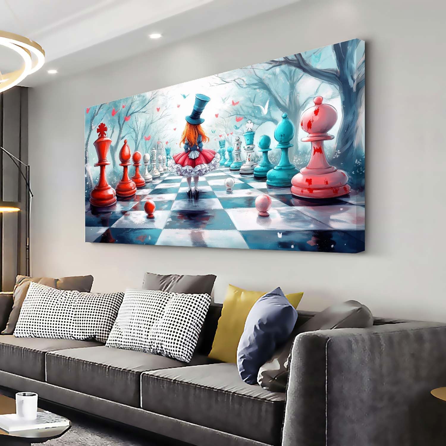 ZESTRILIA Alice in Wonderland Chess Canvas Wall Art, Fantasy Surrealist Whimsical Fairy Tale Decor for Living Room, Girls Bedroom Family Room (40x20 Inches)