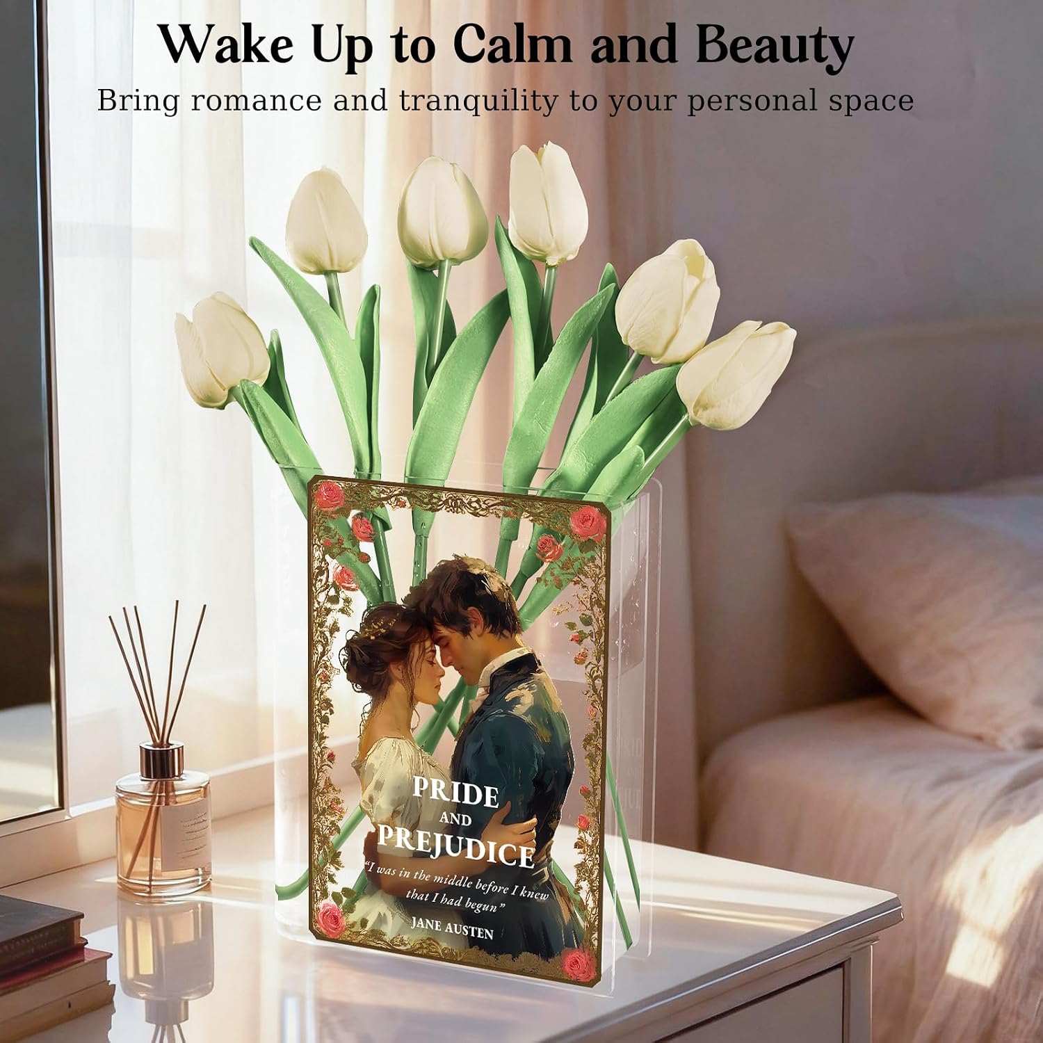 Alpharan Pride and Prejudice Inspired Book Vase, Flower Vases for Tables | Acrylic Book-Shaped Flower Vase,Bookshelf Decor,Book Lovers Book Club Gifts,Jane Austen Gifts, Birthday Gifts for Women Mom