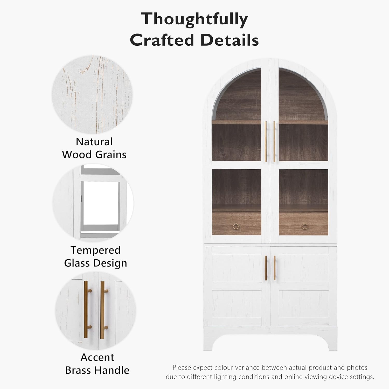 71" Tall Arched Farmhouse Pantry Cabinet with Adjustable Shelves & Glass Door, Spacious Storage Cabinet with Hidden Drawer & Door Racks for Kitchen, Dining Room, Living Room(White)