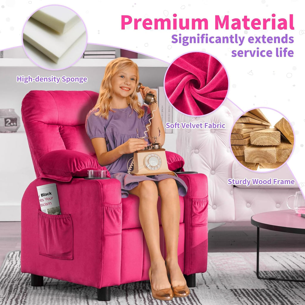 Kids Recliner, Toddlers Kids Recliner Chair with Cup Holder, Ergonomic Adjustable Velvet Lounge Chair with Footrest & Side Pockets, Toddlers Baby Sofa for Boys Girls Bedroom (Rose Pink)