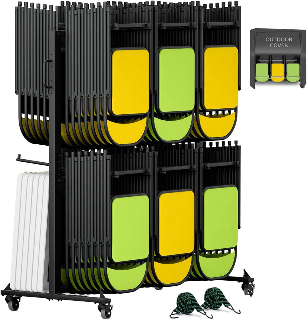 Folding Chair Rack Folding Chair Cart Storage Dolly with Wheels and Holder for Tables Includes Weatherproof Cover (84 Chair Capacity)