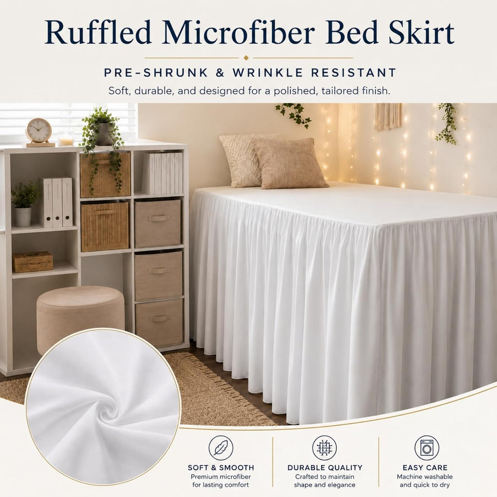 36'' Twin XL Dorm Bed Skirt, 3-Sided | Dust Ruffle With Platform Design, Long Drop, Wrinkle Resistant and Machine Washable, Hides Underbed Storage