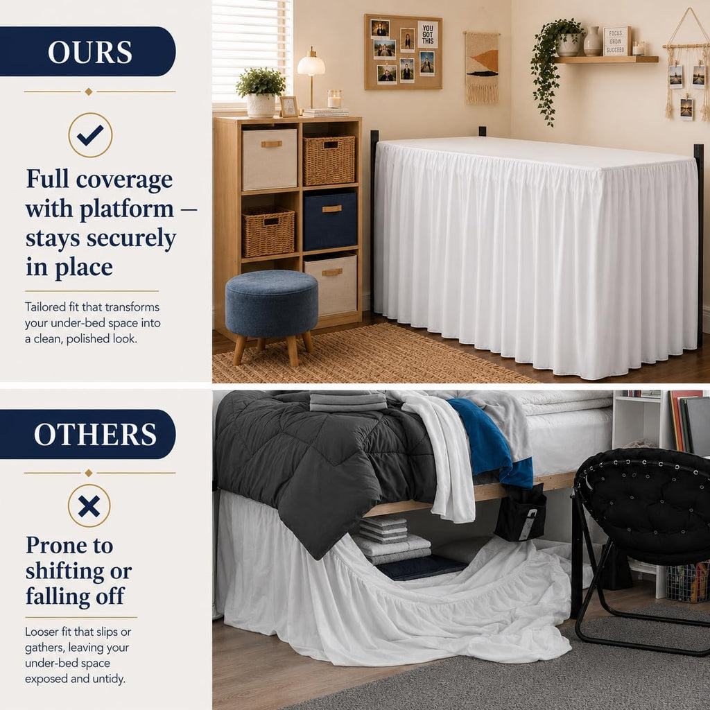 36'' Twin XL Dorm Bed Skirt, 3-Sided | Dust Ruffle With Platform Design, Long Drop, Wrinkle Resistant and Machine Washable, Hides Underbed Storage
